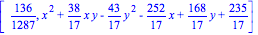 [136/1287, x^2+38/17*x*y-43/17*y^2-252/17*x+168/17*y+235/17]